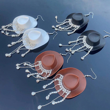 Western Style Cowboy Hat Shiny Tassel Earrings