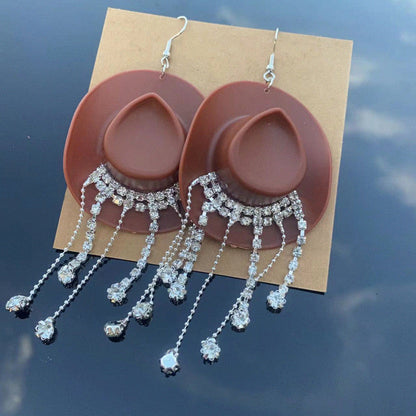 Western Style Cowboy Hat Shiny Tassel Earrings