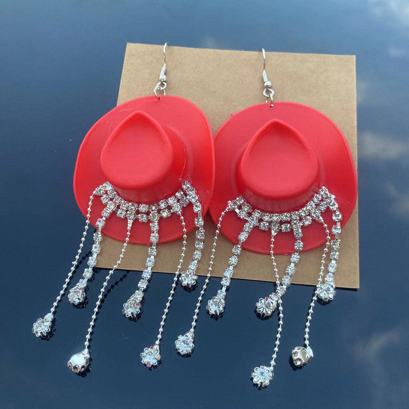 Western Style Cowboy Hat Shiny Tassel Earrings