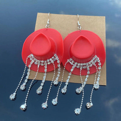 Western Style Cowboy Hat Shiny Tassel Earrings