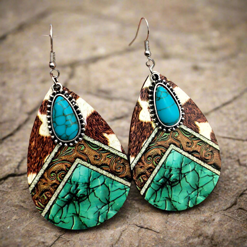 Western Style Cow Pattern Turquoise Leather Drop Earrings