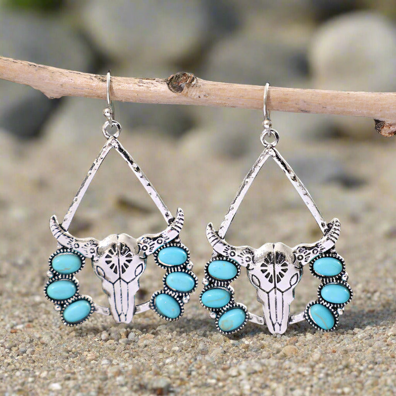 Western Style Cow Head Turquoise Alloy Earrings