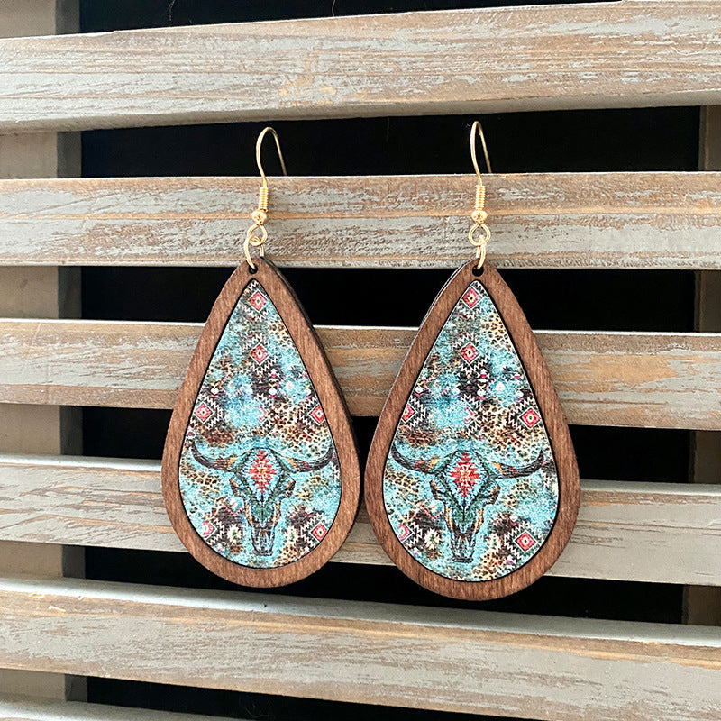 Western Vintage Water Drop Pattern Wooden Earrings