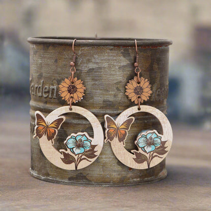 Western Style Butterfly Bee Flower Pattern Wooden Earrings