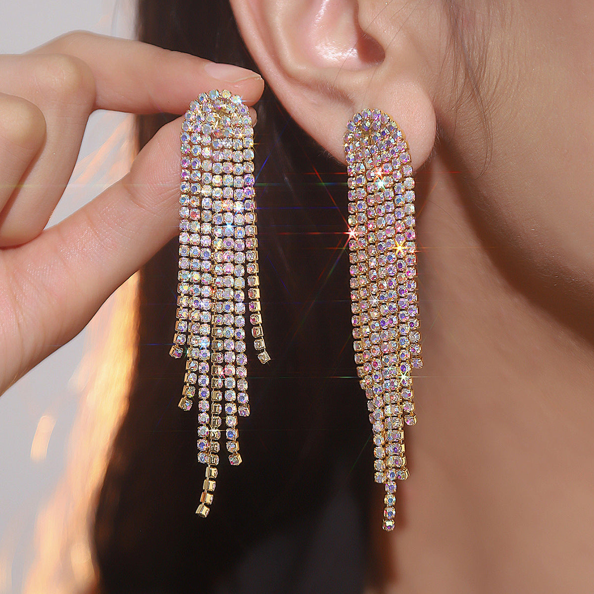 AB Rhinestone Long Tassel Earrings