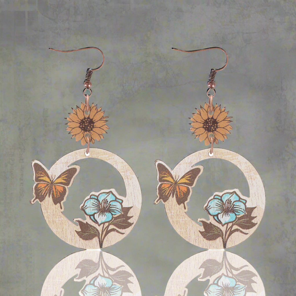 Western Style Butterfly Bee Flower Pattern Wooden Earrings