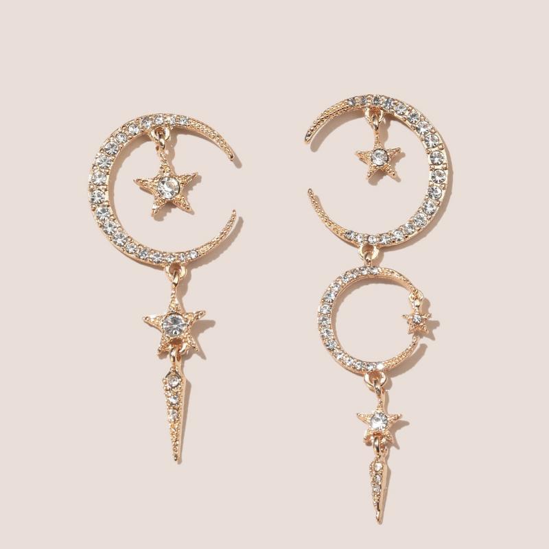 Alloy Diamond Asymmetric Star Moon Earrings