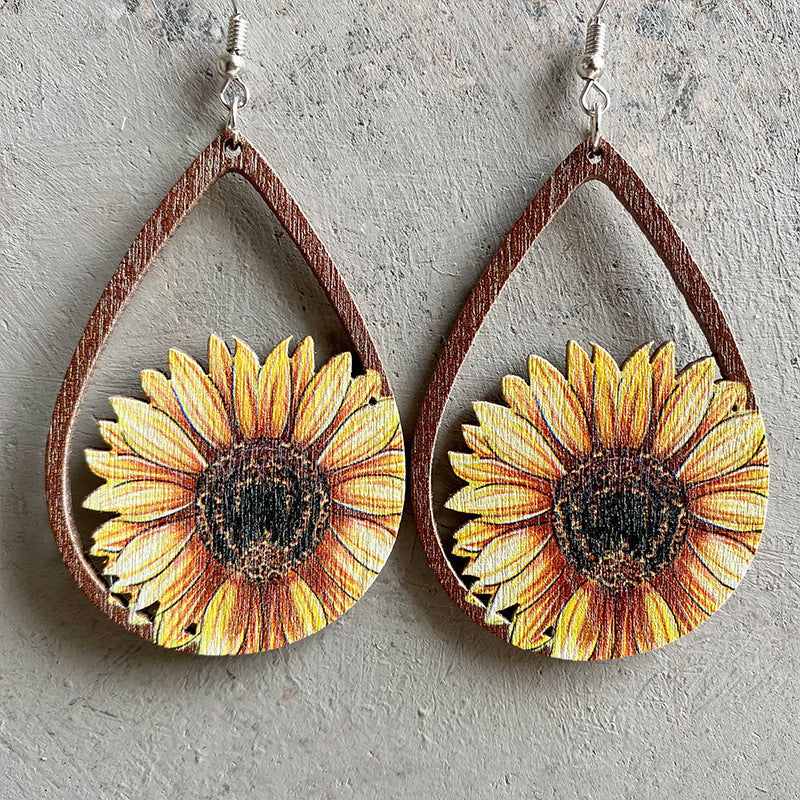 2 Pairs/Pack Western Sunflower Wood Earrings