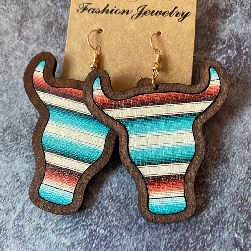 Western Vintage Bull Head Inlaid Wooden Earrings