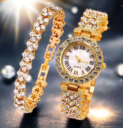 Women Steel Rhinestone Bracelet Watches Set