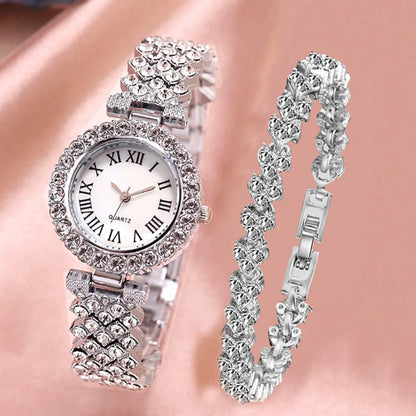 Women Steel Rhinestone Bracelet Watches Set