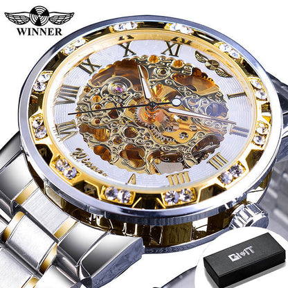 Winner Watch Men's Fashion Casual Hollow Rhinestone Manual Mechanical Watch