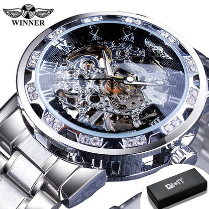 Winner Watch Men's Fashion Casual Hollow Rhinestone Manual Mechanical Watch