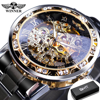 Winner Watch Men's Fashion Casual Hollow Rhinestone Manual Mechanical Watch