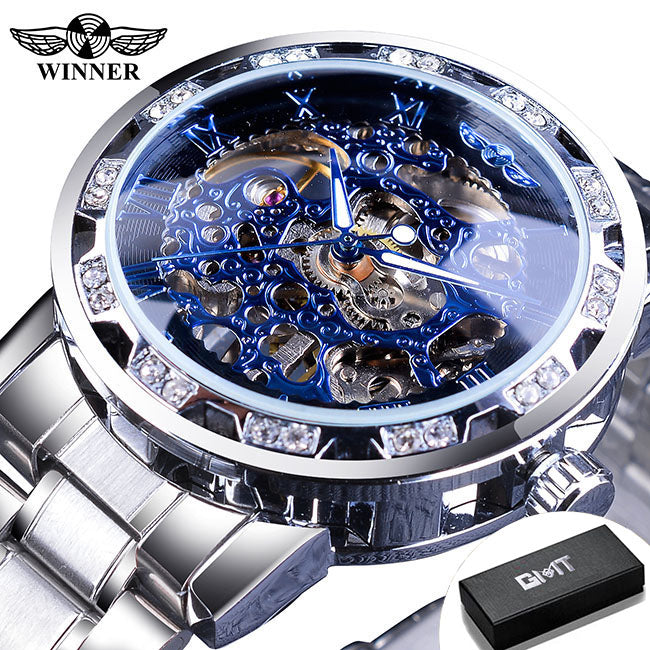 Winner Watch Men's Fashion Casual Hollow Rhinestone Manual Mechanical Watch