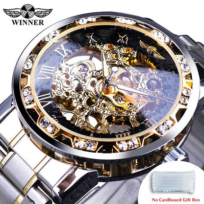 Winner Watch Men's Fashion Casual Hollow Rhinestone Manual Mechanical Watch