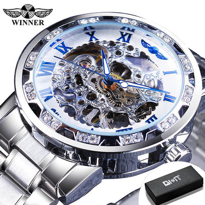 Winner Watch Men's Fashion Casual Hollow Rhinestone Manual Mechanical Watch