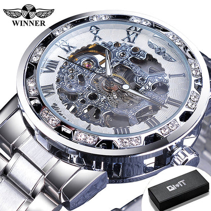 Winner Watch Men's Fashion Casual Hollow Rhinestone Manual Mechanical Watch