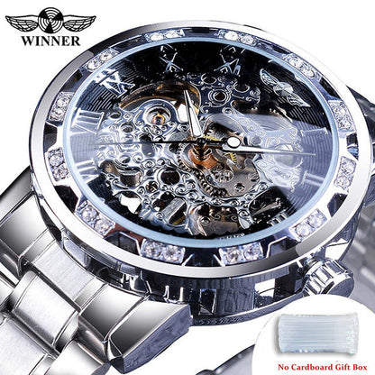 Winner Watch Men's Fashion Casual Hollow Rhinestone Manual Mechanical Watch