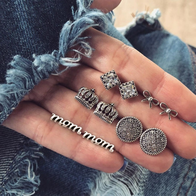 Vintage Set with Diamonds Crown Letters MOM Stud