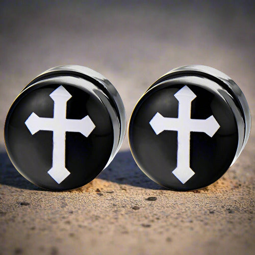 10MM Magnetic Black Circle Cross Stud Earrings for