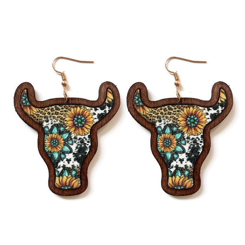 Western Vintage Bull Head Inlaid Wooden Earrings