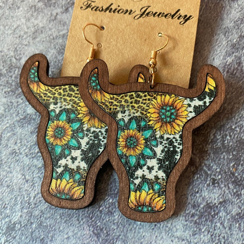 Western Vintage Bull Head Inlaid Wooden Earrings