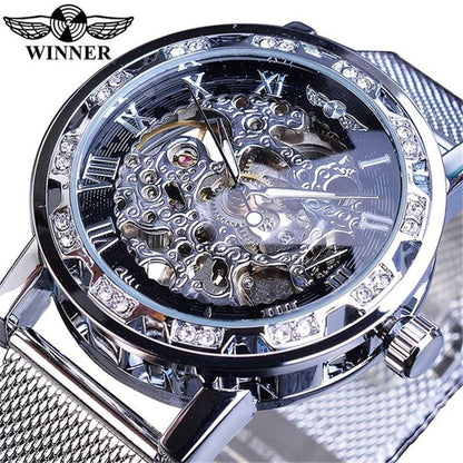 1pc Elegant Mens Mechanical Watch with Rhinestone Detailing and Transparent Hollow Design, Breathable Mesh Strap - Perfect for Business and Formal Events