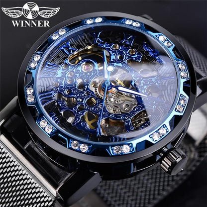 1pc Elegant Mens Mechanical Watch with Rhinestone Detailing and Transparent Hollow Design, Breathable Mesh Strap - Perfect for Business and Formal Events