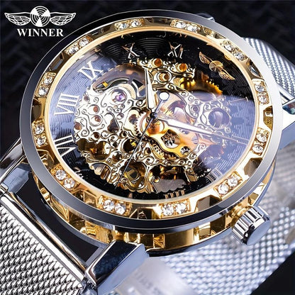 1pc Elegant Mens Mechanical Watch with Rhinestone Detailing and Transparent Hollow Design, Breathable Mesh Strap - Perfect for Business and Formal Events