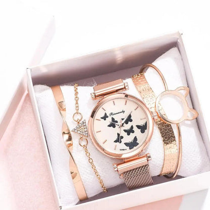 Woman's Butterfly Pattern Rose Gold Bracelet Watch Set