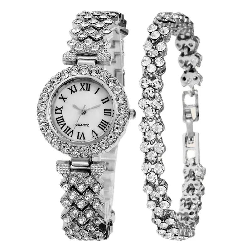 Women Steel Rhinestone Bracelet Watches Set