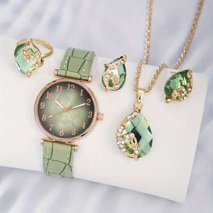 5PCS/Set Womens Leaf Print Fashion Watch & Jewelry Set