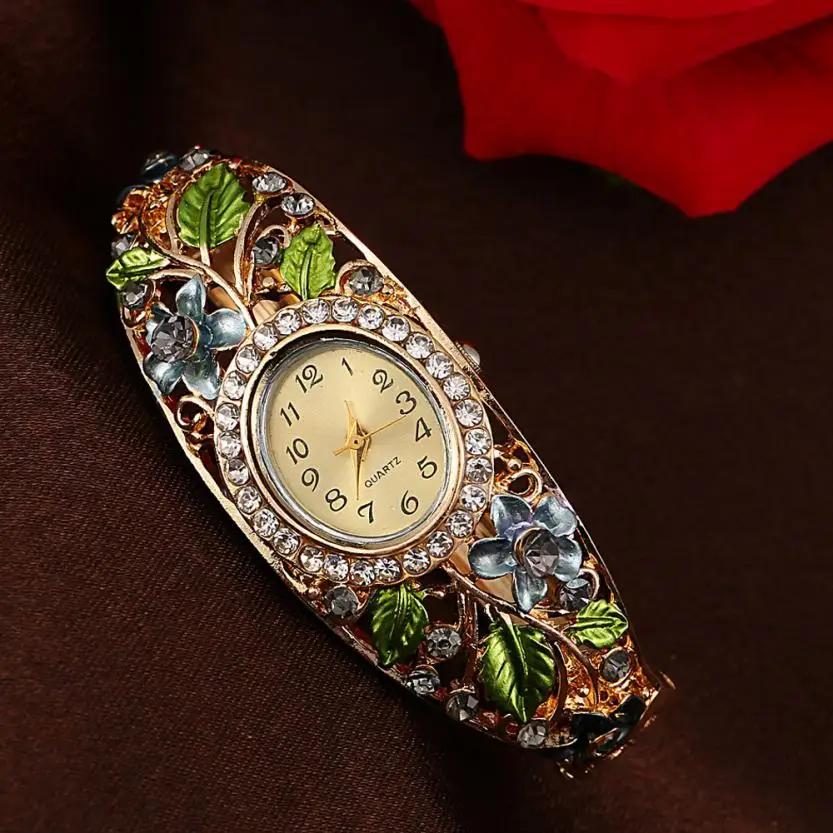 Women Gold Plated Crystal Flower Bangle Watches