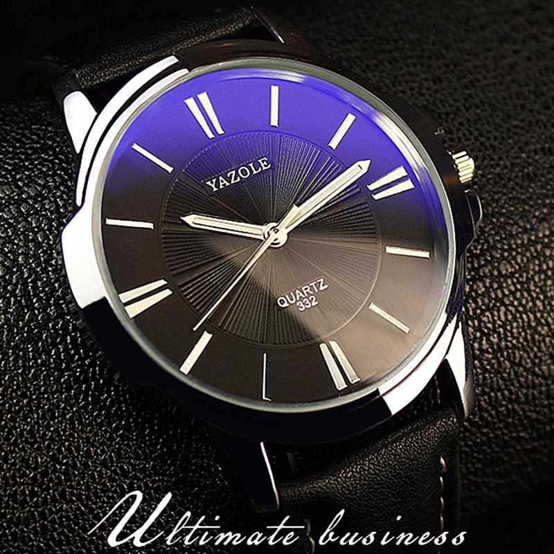 YAZOLE Mens Watches Luxury Blue Glass Leather Roman Watch Quartz