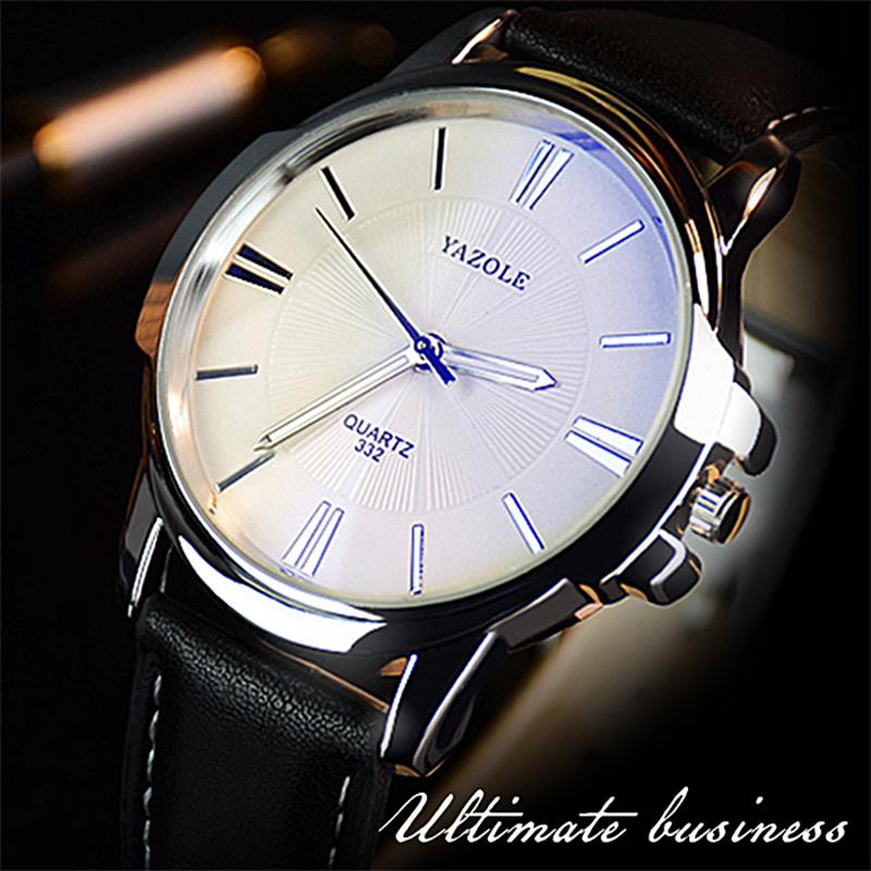 YAZOLE Mens Watches Luxury Blue Glass Leather Roman Watch Quartz