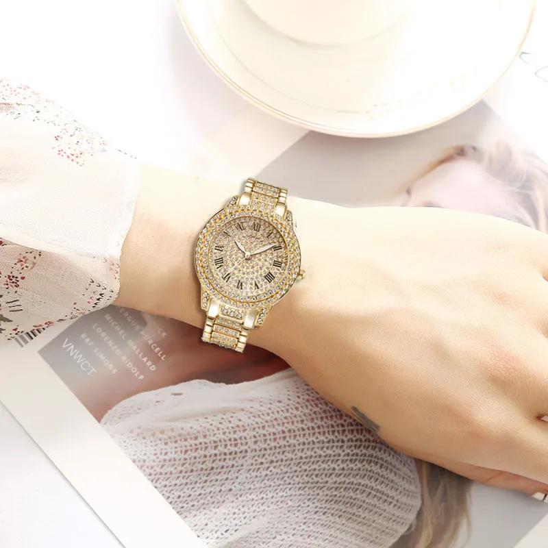 2pcs Luxury Women Diamond Watches Hip Hop Bracelet Ladies Quartz Watch Rose Gold Womens Wristwatch Shiny Crystal Reloj Mujer