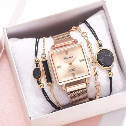 Women's Watches Square Dial Rhinestone Watch Bracelet Set