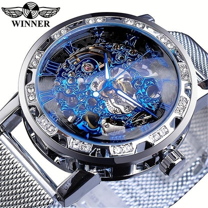 1pc Elegant Mens Mechanical Watch with Rhinestone Detailing and Transparent Hollow Design, Breathable Mesh Strap - Perfect for Business and Formal Events