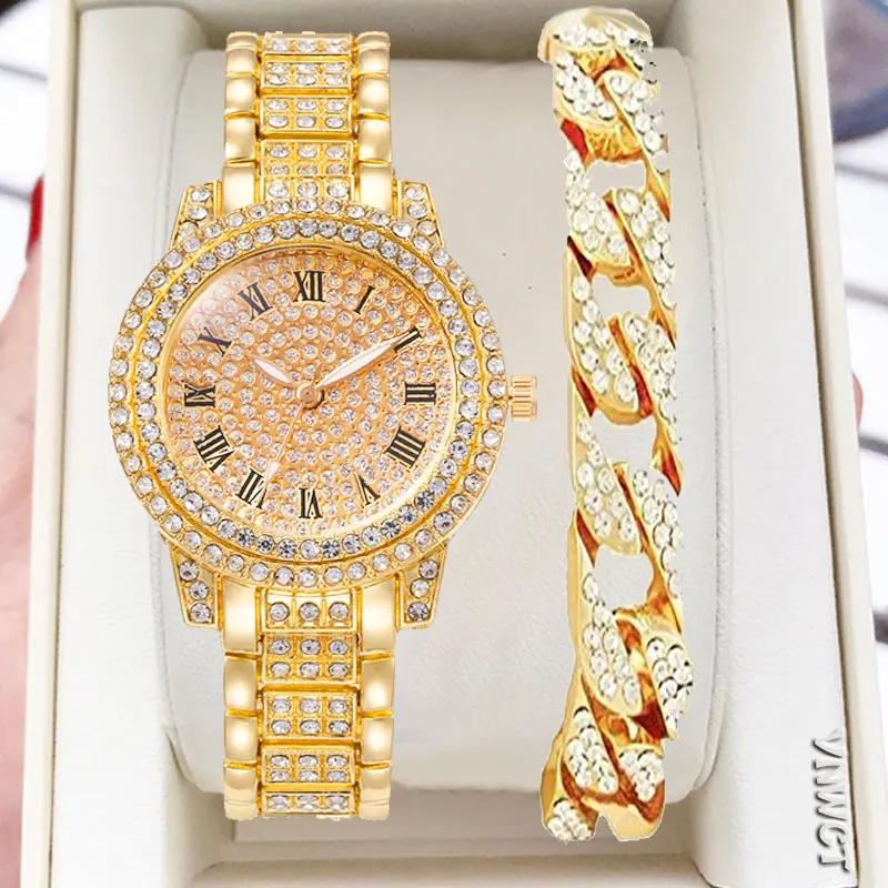 2pcs Luxury Women Diamond Watches Hip Hop Bracelet Ladies Quartz Watch Rose Gold Womens Wristwatch Shiny Crystal Reloj Mujer