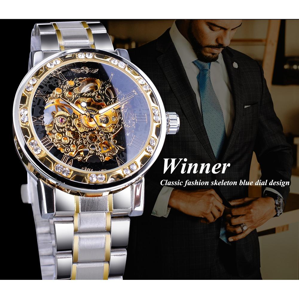 Winner Watch Men's Fashion Casual Hollow Rhinestone Manual Mechanical Watch