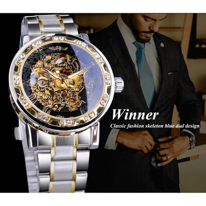 Winner Watch Men's Fashion Casual Hollow Rhinestone Manual Mechanical Watch