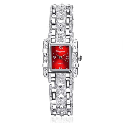 Women Rectangle Dial Silver Stainless Steel Crystal Watches