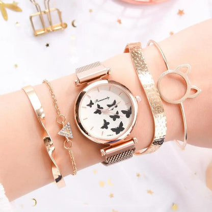 Woman's Butterfly Pattern Rose Gold Bracelet Watch Set