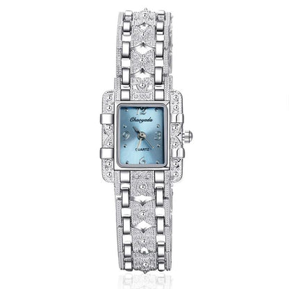 Women Rectangle Dial Silver Stainless Steel Crystal Watches