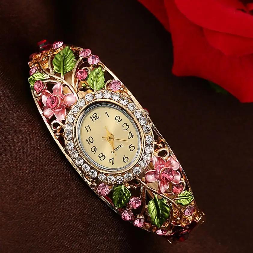 Women Gold Plated Crystal Flower Bangle Watches