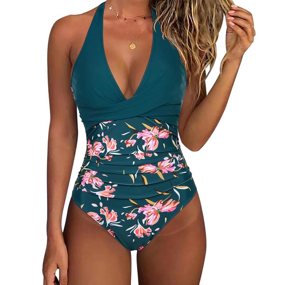 Women One Piece Set Swimsuit Print Backless Puch Up