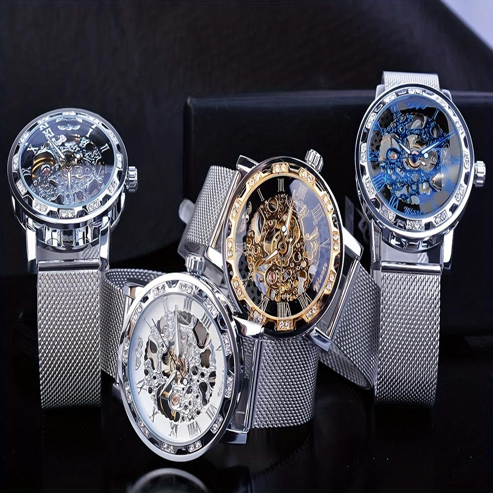 1pc Elegant Mens Mechanical Watch with Rhinestone Detailing and Transparent Hollow Design, Breathable Mesh Strap - Perfect for Business and Formal Events