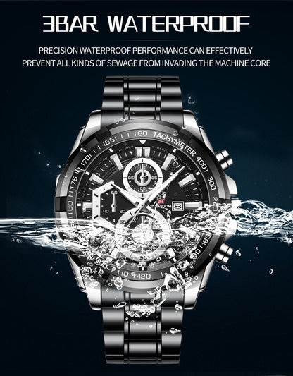 Waterproof Stainless Steel Chain Steel Band Watch Luminous Business Sports Men's Casual Watch