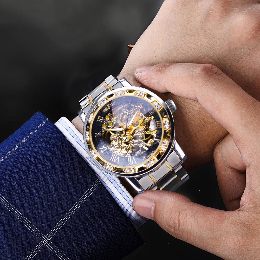 Winner Watch Men's Fashion Casual Hollow Rhinestone Manual Mechanical Watch